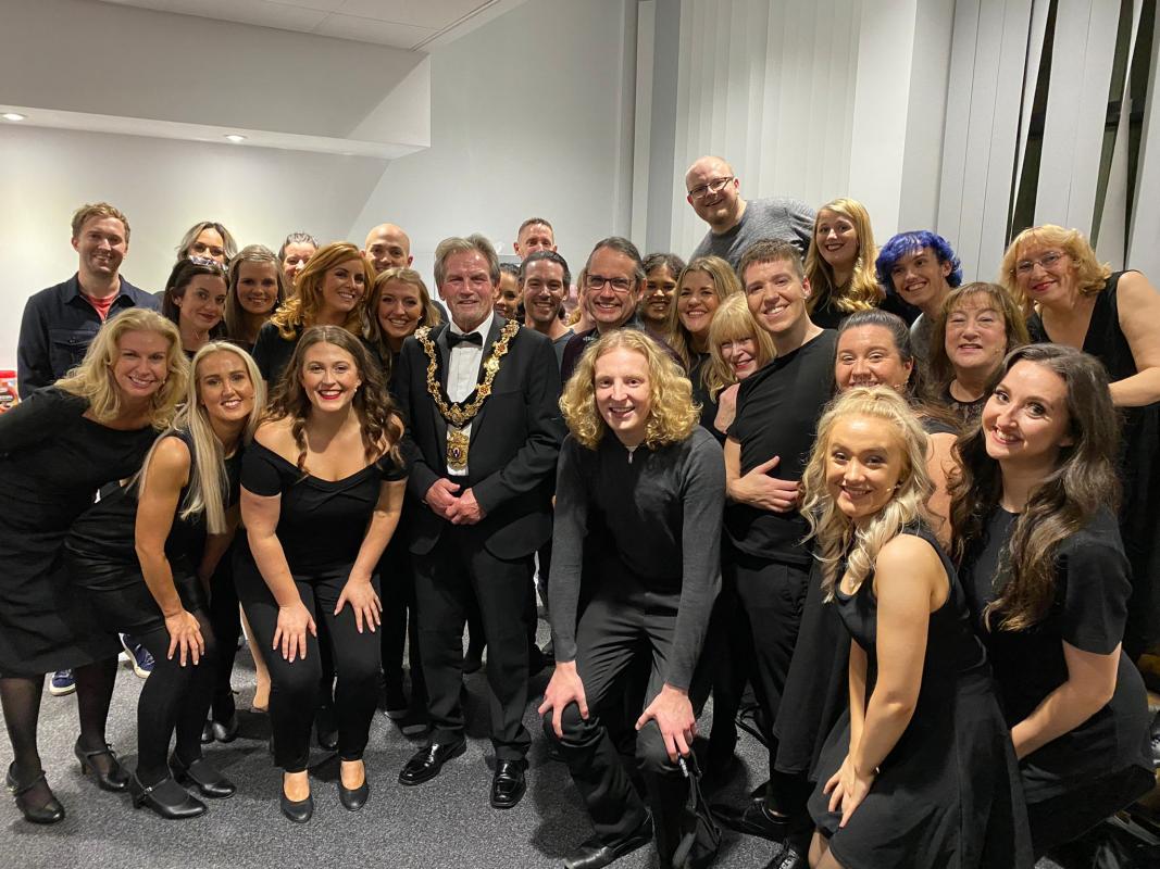 Northwich Mayor, cllr Sam Naylor with the cast of Do You Hear the People Sing.