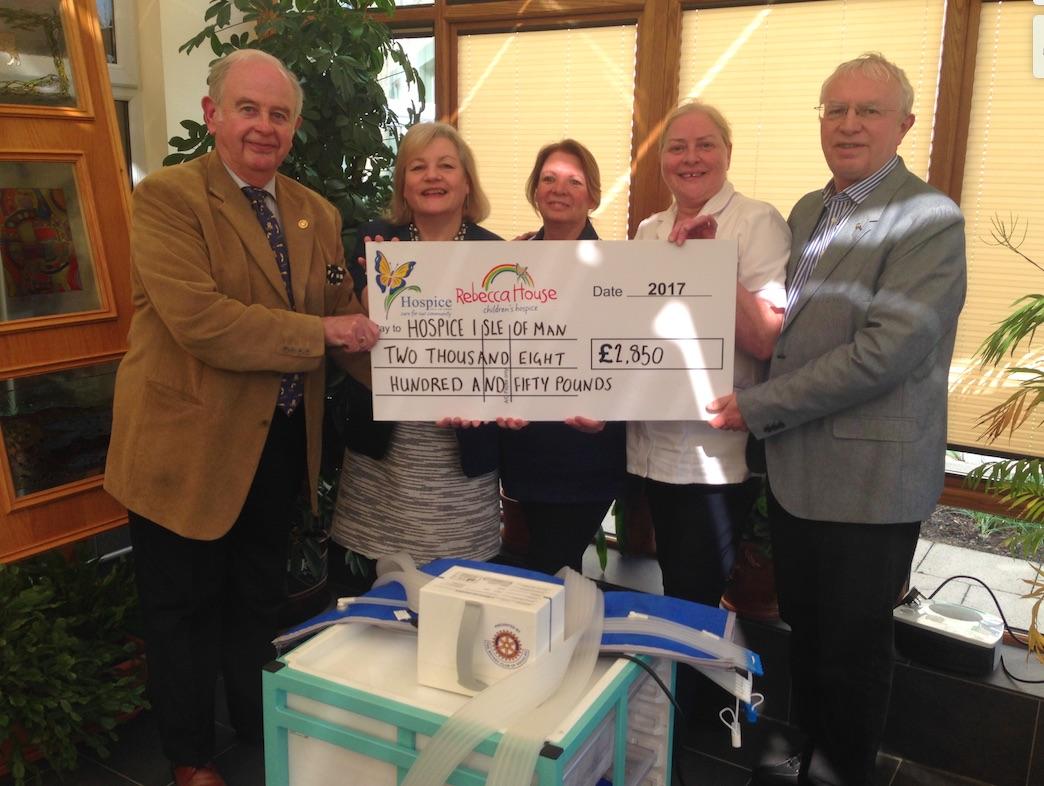 L-R David Gawne (Vice President Douglas Rotary, Anne Mills (CEO Hospice), Karen Taylor & Claire Langley (Hospice Lymphoedema Team), Howard Callow (President Douglas Rotary Club).