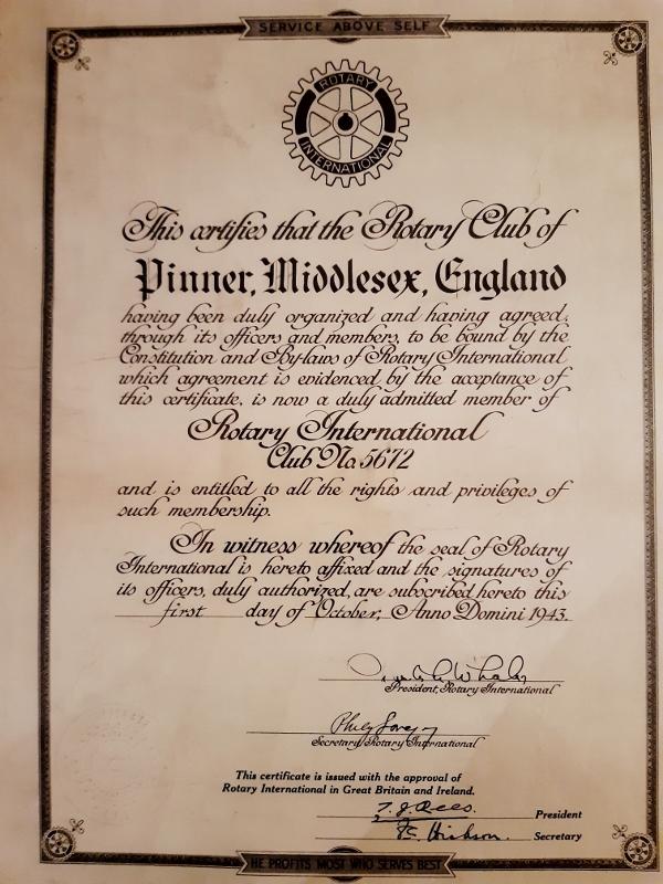 The Rotary Club of Pinner original charter, 1 October 1943
