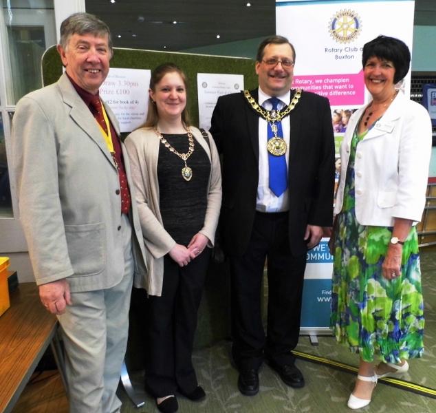 2015 Summer Fair & Charity Bazaar - Photo, Right  to Left:
 
Rotarian Anne Rogerson High Peak Mayor and Mayoress Cllr Stewart Young and daughter Charlotte Rotary Club of Buxton Vice President Professor Simon Rogerson.