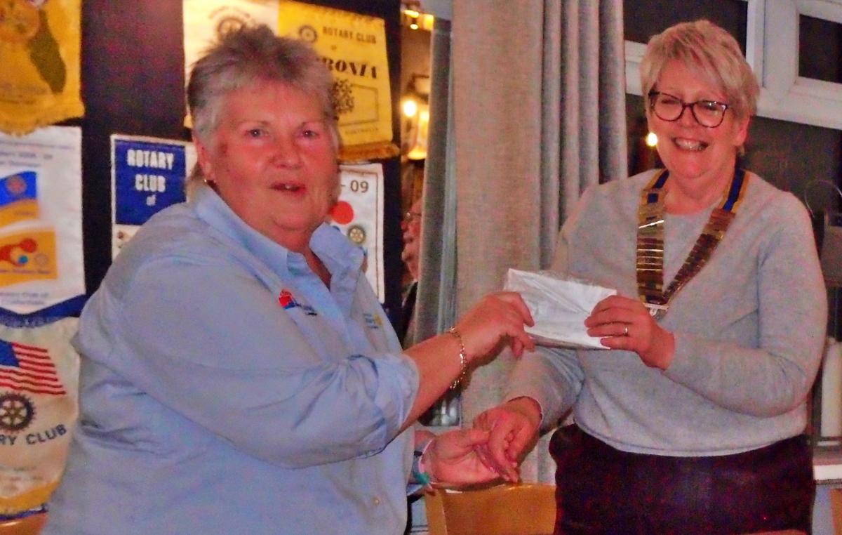 Ukraine Disaster Appeal - Pam Joyce of Disaster Aid UK receives a cheque for £2,700, the proceeds of our collections, personal donations and club donations.