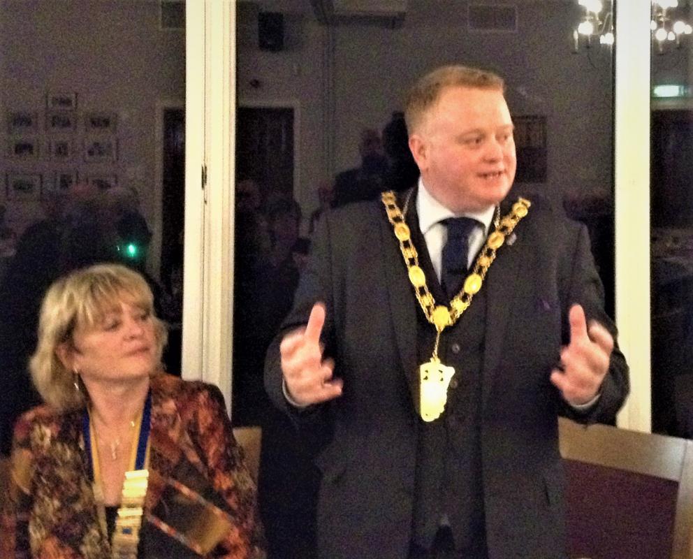 President Rosalind Hopewell looks on as Llandudno Mayor Cllr. David Hawkins engages his audience
