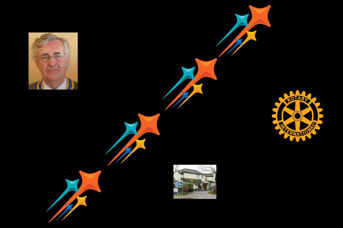 A black background bearing a small picture of President Francis, a number of this year's theme logo of shooting stars, and a Rotary cogwheel.