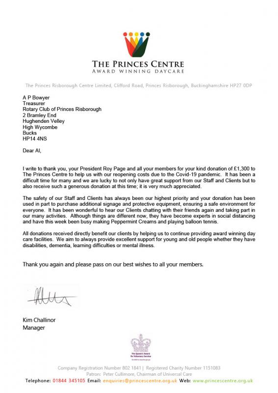 Princes Centre Donation letter