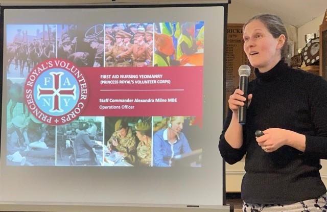 Alex Milne MBE giving a talk to members about the 'First Aid Nursing Yeomanry' on Wednesday 15th February 2022 at our normal lunch time meeting