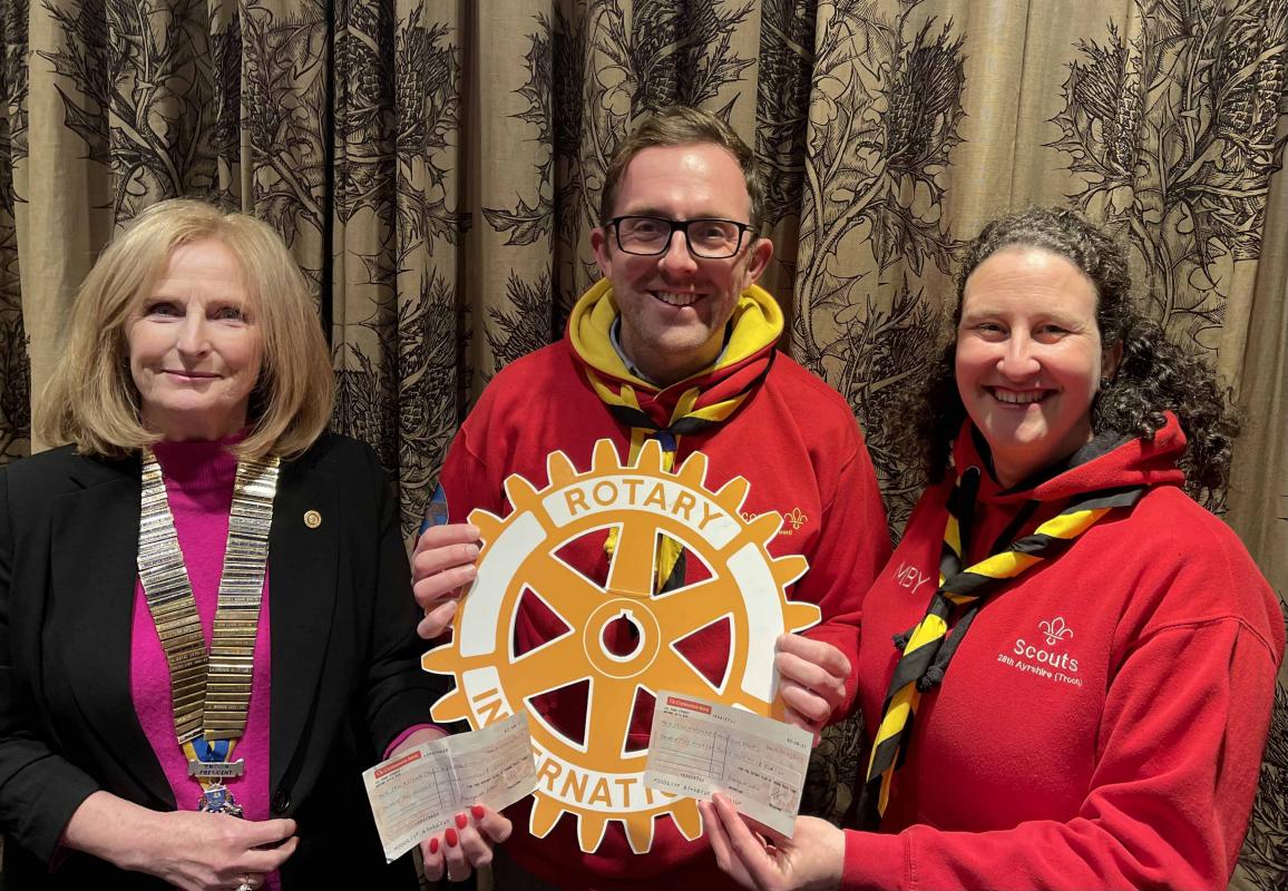 28th Ayrshire Scouts receiving a TRCS cheque from President Jyl Cunningham