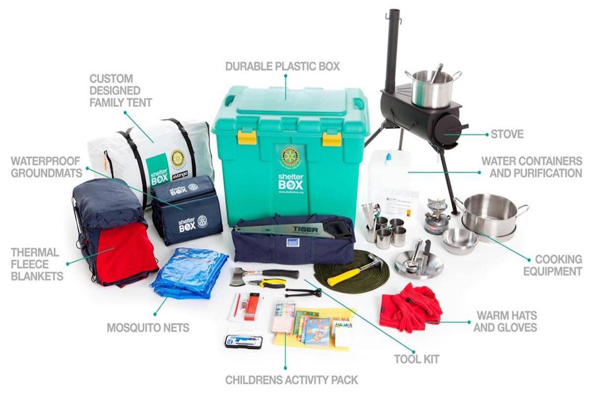 <b>Contents of a Shelterbox</b> - this is a standard Shelterbox, but the contents are usually adjusted for the particular destination and sometimes multiple tents are joined and fitted out as a hospital