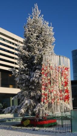 Tree of Remembrance which takes pride of place outside the Civic Centre. Tree is decked with red and yellow ribbons, creating a visual reminder of loved ones at Christmas.