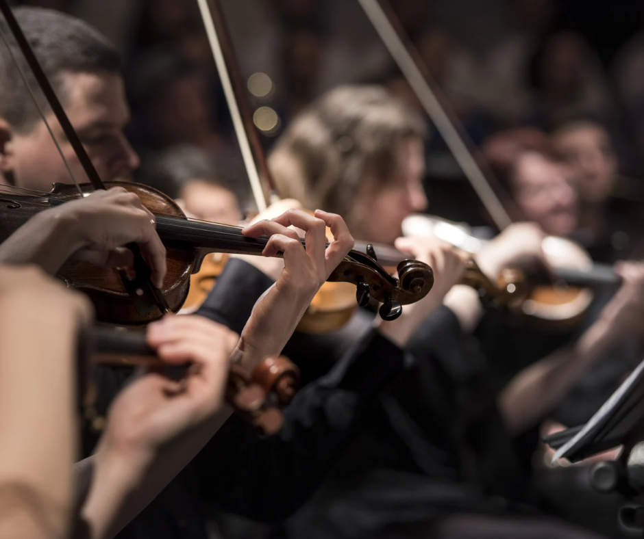 An orchestra playing music, showing the string section.