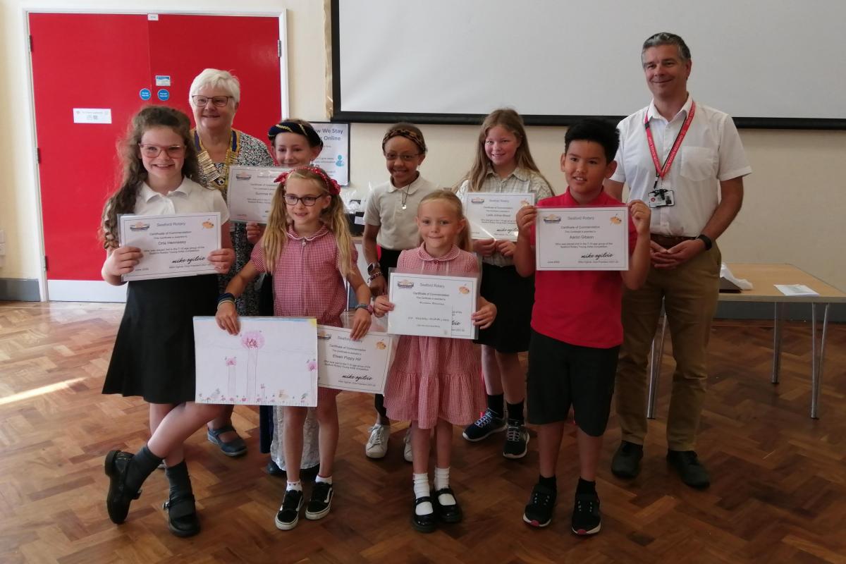 Young Artist entrants from Chyngton Primary school with President Ann Reed and Headteacher Robin Tollyfield