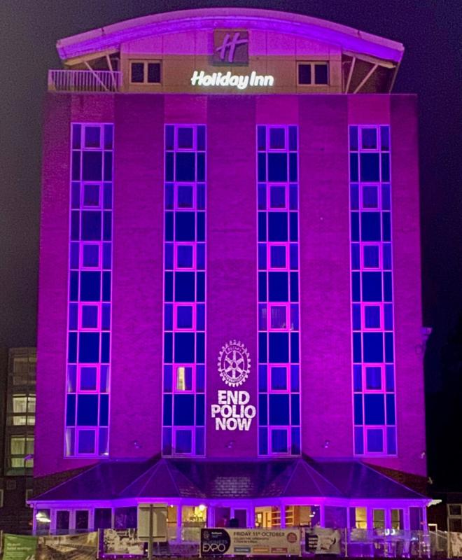 On Saturday, October the 24th, the annual worldwide Polio Day the Holiday Inn Kenilworth façade will be Floodlit in purple with a Rotary message “End Polio Now “. 
Why purple? A purple dye is put on each child’s finger after inoculation. 
