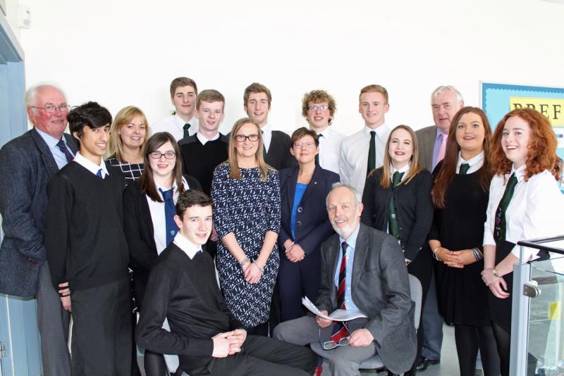 Picture shows student Jack Adkin being interviewed by Rotarian and Thornhill business man Stewart Lee. Looking on is a group of interviewers and Wallace Hall students. Also in the photo is Wallace Hall Principal Teacher Kerry Fraser who co-ordinates the p