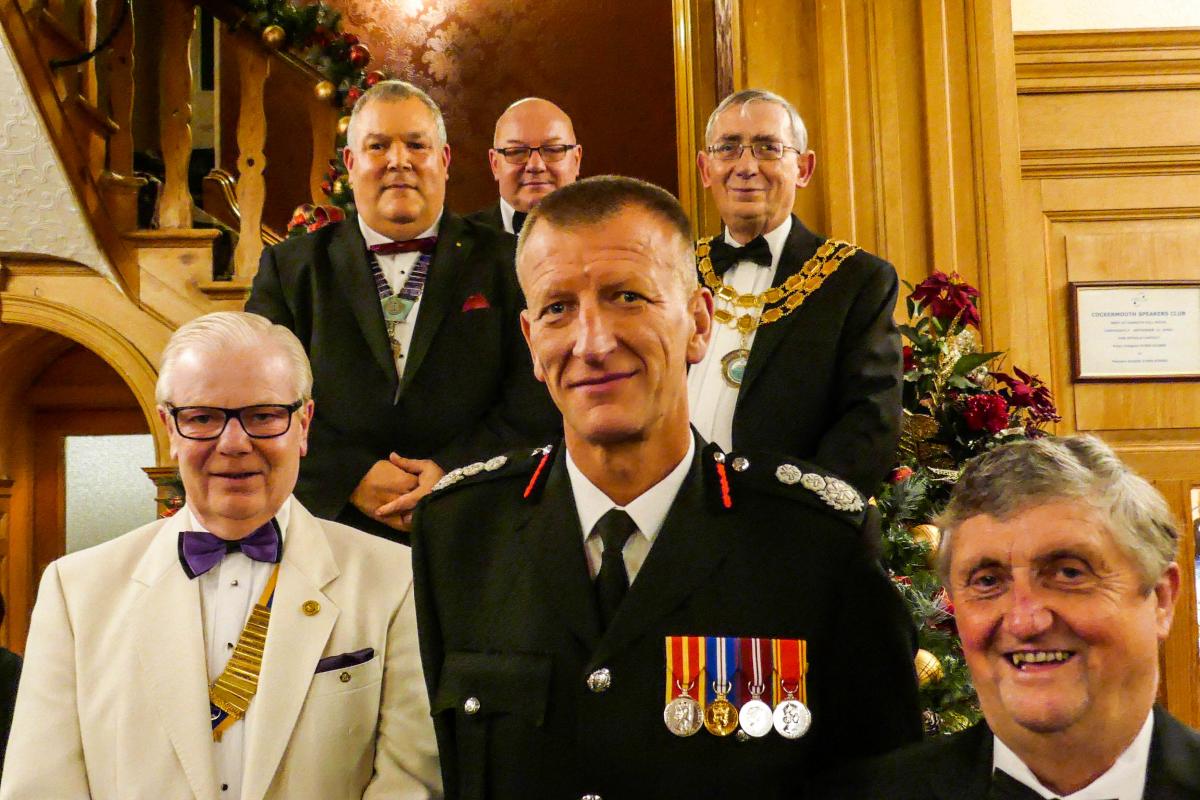 Back row:- Larry Branyan, District Governor; Joe Fagan, President Elect; Alan Tyson, Cockermouth Mayor. Front row:- Brian Mitchelhill, President; Paul Hancock, Cheshire Chief Fire Officer; Philip Straughton, President Nominee