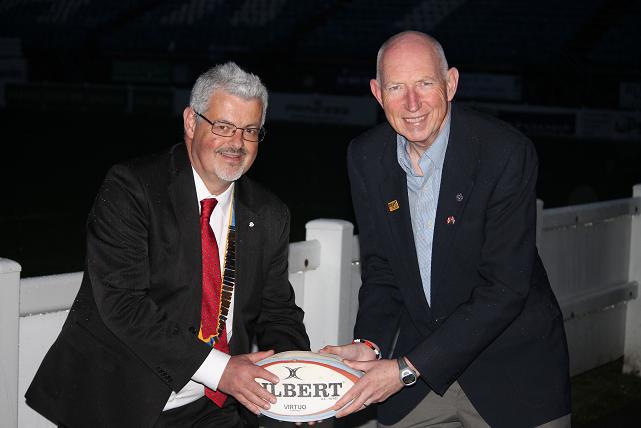 Club President Win Scutt and Martin play rugby before Martin's talk 