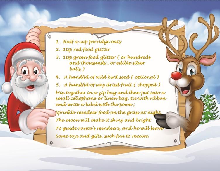 Santa & Reindeer hold recipe between them and point.