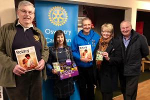 (L-R) Oswestry Rotarian Justin Soper, Borderland President Sherie Soper, Cambrian President Ian Slipper, District Governor Beryl Cotton and Rotarian Tony Cotton.