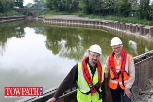 (L-R) Volunteers David Carter (Representing Shropshire Union Canal Society whose members have acted as contractors to deliver part of the channel restoration work) and Michael Limbrey (representing the Montgomery Canal Partnership).