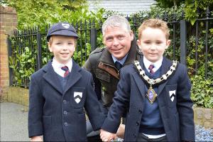 Oswestry Town Mayor Paul Milner and pupils from Bellan House