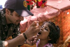 Day one of the Subnational Immunization Days in Shahjahanpur, Uttar Pradesh, India, a weeklong campaign to vaccinate children against polio. Rotarians, Rotaractors, health workers, and other volunteers set up and operate more than 1,500 immunization 