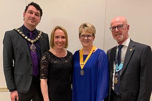 l-r Oswestry Town Mayor Jay Moore, Helen Morgan MP, Joanna Banks Oswestry Rotary Club President Elect, District Governor Nick Gidney