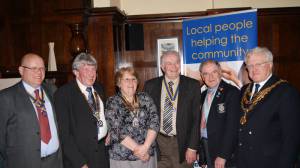A collection of Rotary Presidents - Stone Rotary President John Beamond with RIBI President John Minhinick, District Governor Trevor davies, Eccleshall Mercia President Carol Roberts, Bloxwich Phoenix President Steve Holmes and Penkridge President Mike Ta