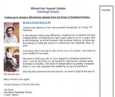 Aimee's Wheelchair update from Wessex Newsletter