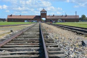 A view along railway lines to the Auschwitz concentration camp