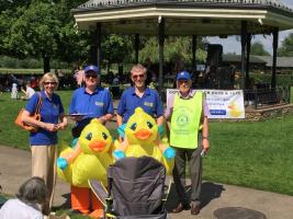 Woolsack team in full duck dress ready to sell tickets for the June 23rd Duck race