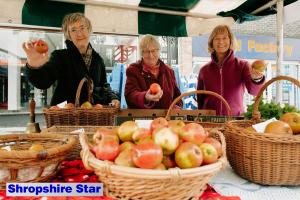 CROP's Valentine Davis, Smita Kulkarni and Kathy Watkins at Oswestry Market's Apple Day