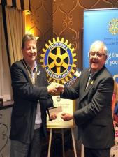 President Jack Cusworth presenting a cheque to Rtn Barry Bailey for Doncaster Cancer Detection Trust