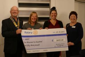 The Rotary Club of Rayleigh Mill President. John Cuthbertson, and ex-President. Jackie Wellman, present HARP representatives, Dina Jobson and Lisa Walton with a cheque from the proceeds of the club’s Charity Golf Tournament
