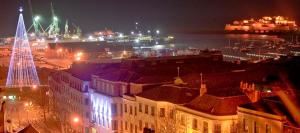 The Tree of Joy erected by Rotary Club of Guernsey see over the rooftops of St Peter Port.