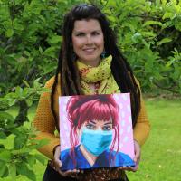 One of Beth’s’ Portraits for NHS Heroes can be seen here, painted on stretched canvas, (unpaid Covid-19 project where NHS keyworkers have portraits created and gifted to them). 