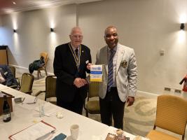 Denzil - on the right - is welcomed by Maurice Holden, the current President of Kenilworth Rotary