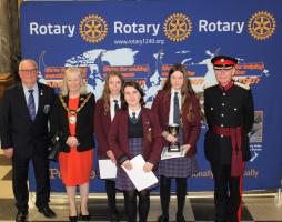 Winning Senior team from Helena Romanes School, Dunmow, with District Governor Jed Brooks, Mayor of Chelmsford Cllr Sue Dobson and Deputy Lord Lieutenant of Essex Dr James Bettley.