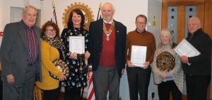 L to R Rtn Barrie Powney;  Jill Ford & Rachel Jackson of the Duke of Norfolk Primary School; President Derek Scott;  Andy Urquhart, St Philip Howard Academy, Sandra Ballington & David of Henry Street Harriers