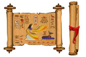 A scroll showing ancient Egyptian hieroglyphics and images