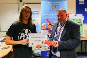 The winner, Jamie Longcake from Glyn School with Rotary Club of Epsom President Andy Ballard