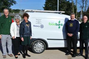 (L-R)Roger Peppiatt (Trustee Truro FB), Cathie Shipwright (RC Truro), Jenny Hall (President RC Truro Boscawen), Stuart Wiseman (RC Perranzabuloe)and Bob Girvan of Truro FoodBank 