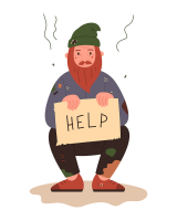 Cartoon of a ragged man holding sign asking for help