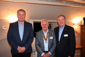 President Mike Harris (centre) and Foundation Chairman Ted Goold (right) with Pete Tricket, Vice Chairman of Hinckley Homeless Group (Lawrence House)