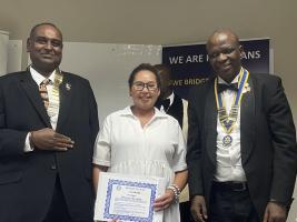 Maureen, pictured above with Club President Ragu Govender and the Assistant District Governor at her recent induction into her  Club in South Africa on 30 October.
