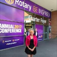 Vice President of Tameside Rotary Club Yvonne outside Conference Centre Manchester