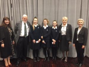L to R:  Ms. A. Lynch (Headmistress), Rtn Donal O'Neill, Prize winners Kate Clark, Jessica Gooden & Eve Mintoff, Rtn Janet Maines, Ms. C. Bartles (Head of English)