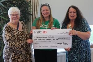 Presentation of the donation by Immediate Past President Ann Reed to Nyree Ashby from Macmillan Cencer Support with President Mandy Davis
