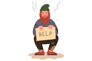 A cartoon of a despondent bearded man asking for help.