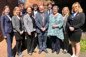 (l-r) Valeriia Chertilina, Erin Thorpe-Downey, Ethan McMorran, Mrs Kerry Wilkins (teacher), Luke Windsor, President David Davies, Thomas Mercer, Rtn Sue Leonard, Niamh Wordsell and Abbie Edwards (President)