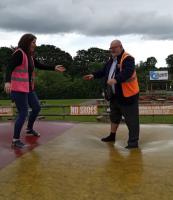 Rev Paul Frostick attempts the bouncy matress.