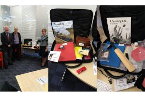 (L-R) Rtn Peter Hill, Pres Ian Haigh and Heather Rodenhurst from Shropshire Libraries at the launch of their shared memory bag project