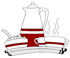 Drawing of a tray with a coffee pot, two cups and a sugar basin.